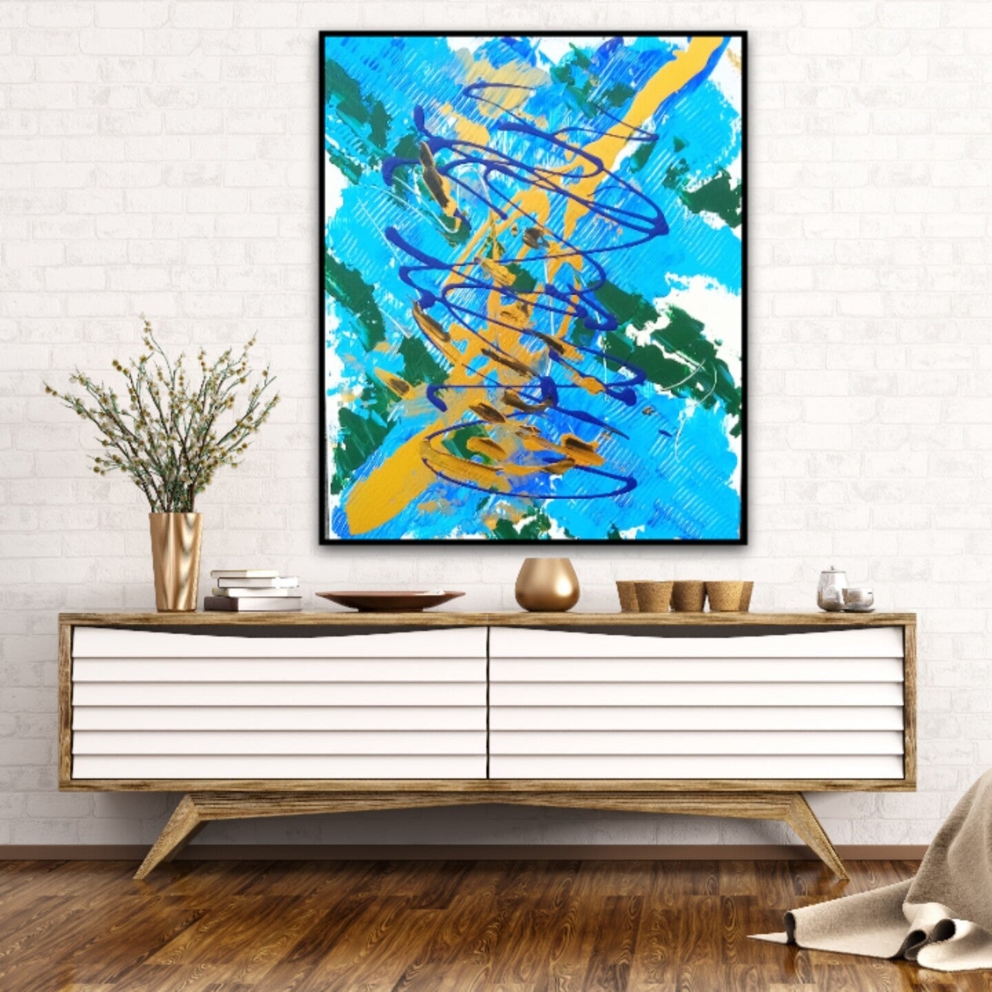 "Boho Blue & Gold Abstract Art - Handmade Acrylic Wall Decor for Living Room - Unique Gift " "Abstract Blue and Gold Wall Art - Handcrafted Boho Painting - Gift-Worthy Home 16x20 inches | Nenyasha Cherish Arts