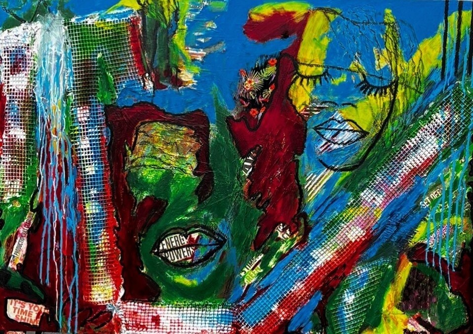 Large Abstract painting/ Warm pop colours / Colourful Pop Art painting / Colourful Abstract painting / Blue, Green, Red, and Yellow, 40 x56 inches | Nenyasha Cherish Arts