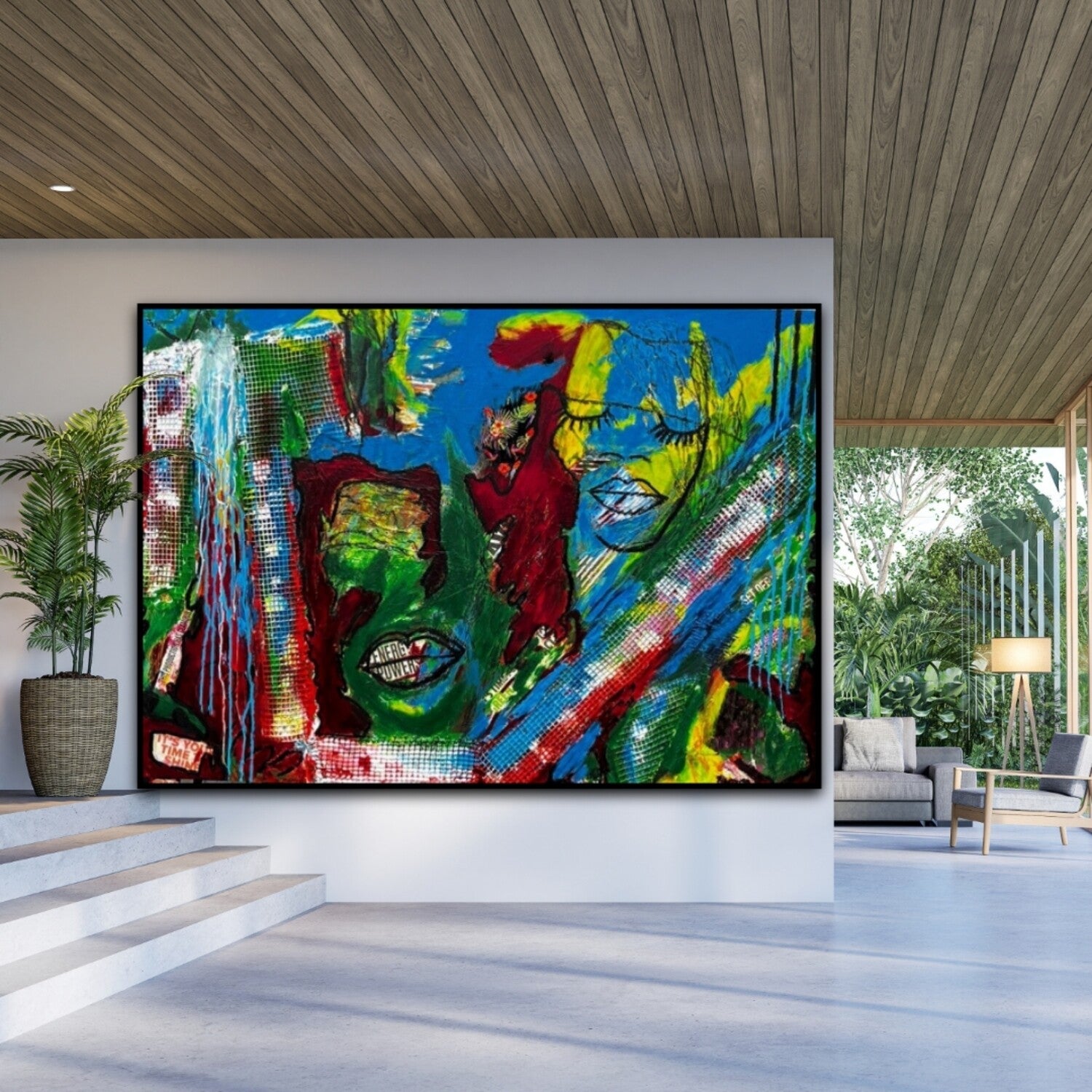 Large Abstract painting/ Warm pop colours / Colourful Pop Art painting / Colourful Abstract painting / Blue, Green, Red, and Yellow, 40 x56 inches | Nenyasha Cherish Arts