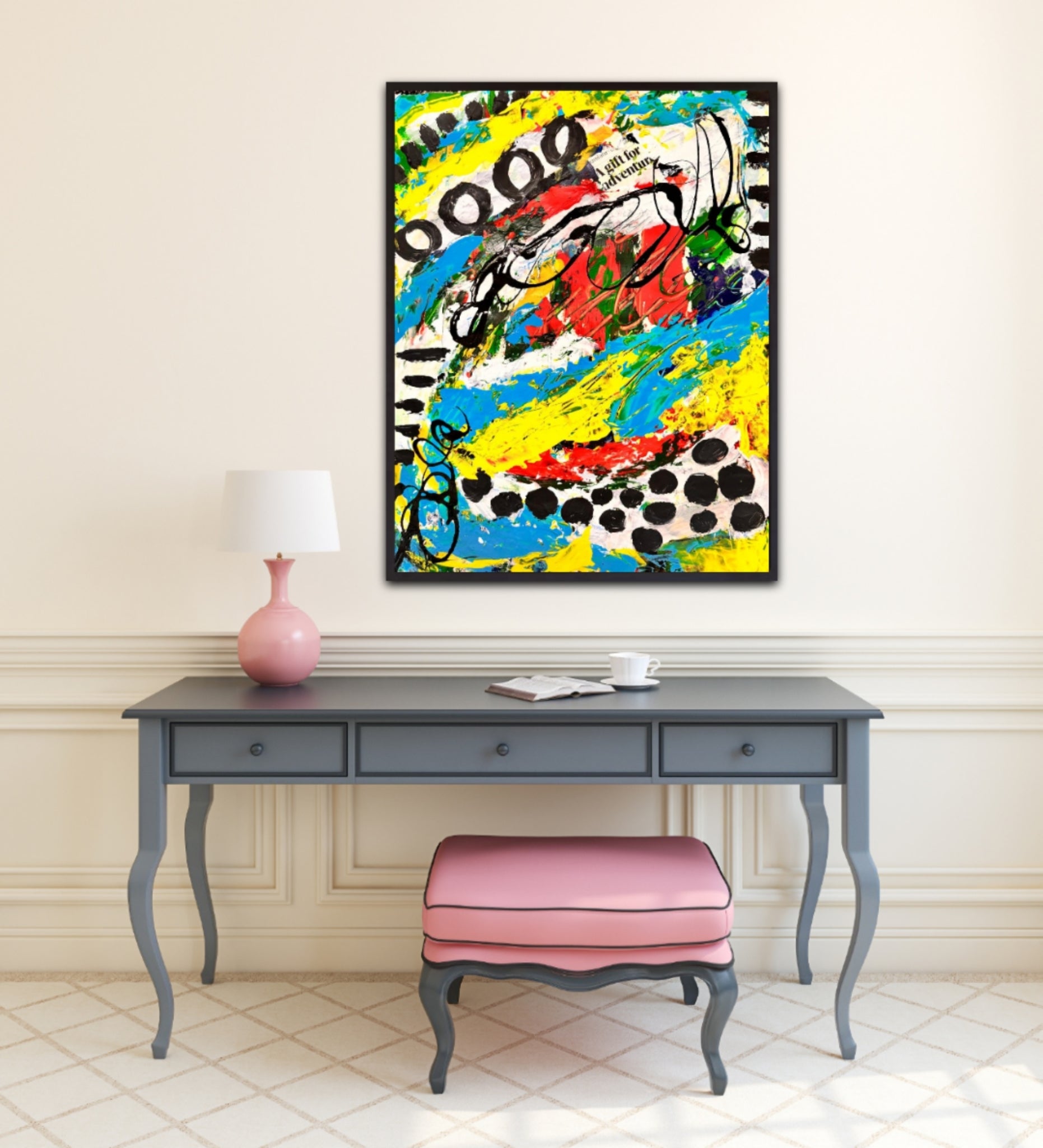 Yellow and blue framed mixed media abstract painting | Nenyasha Cherish Arts