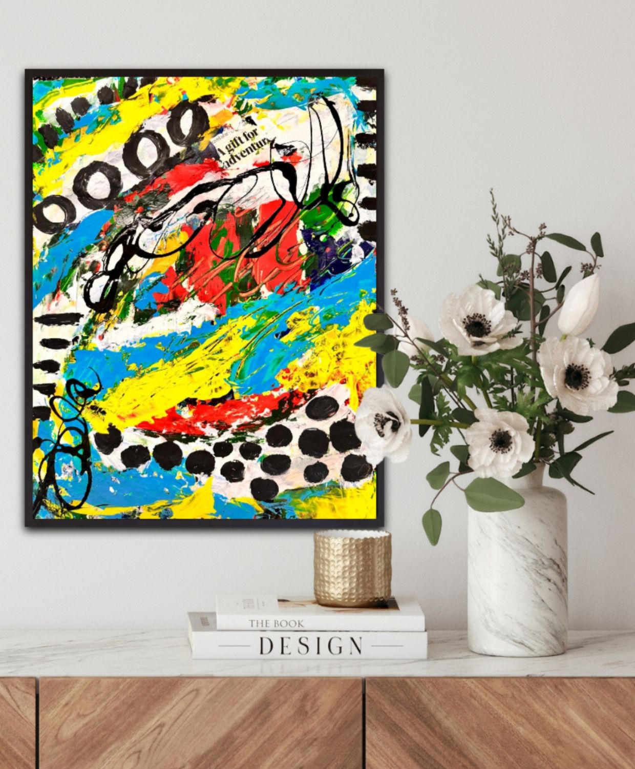 Yellow and blue framed mixed media abstract painting | Nenyasha Cherish Arts