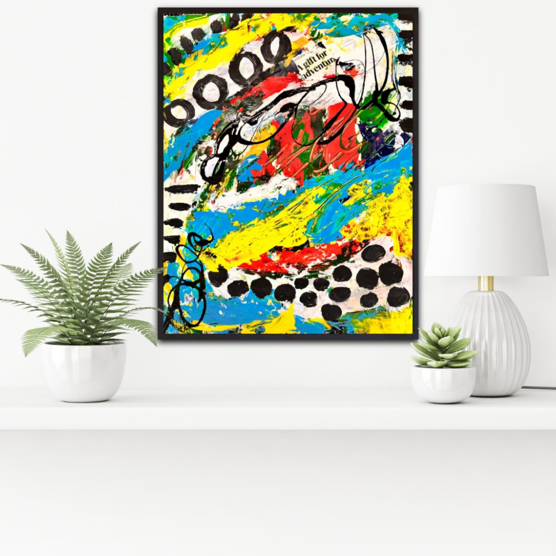 Yellow and blue framed mixed media abstract painting | Nenyasha Cherish Arts
